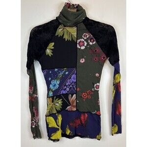 FUZZI Italy Mesh Turtleneck Top Black Floral Long Sleeve Large Bodycon Sheer
